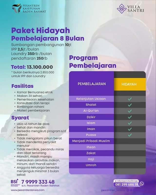 villa santri kasepuhan raden rahmat, biaya villa santri kasepuhan raden rahmat, villa santri lansia raden rahmat, biaya villa santri lansia raden rahmat, pondok pesantren lansia di jawa tengah